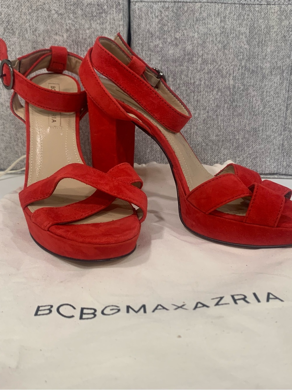 BCBGMaxAzria Red Suede Platform Block Heel Sandals with Ankle Strap